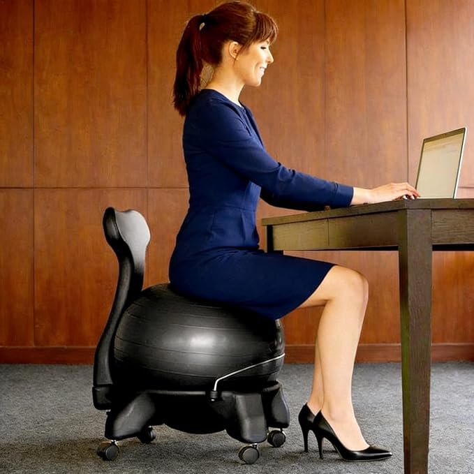 Rolling Exercise Ball Chair with Pump, Ergonomic Stability Ball Office Chair with Wheels & Backrest, Home Yoga Ball Active Sitting Seat(Style F)