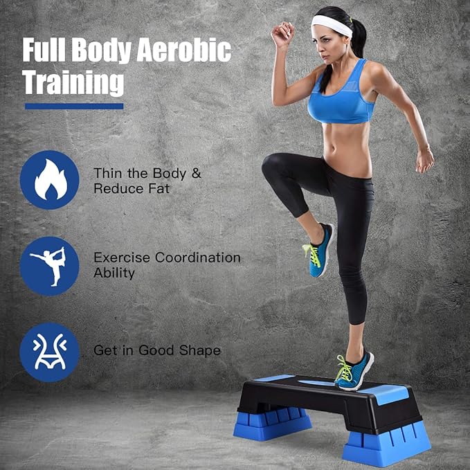 Goplus 30'' Aerobic Stepper with Risers, 5” 7” 9” Levels Height Adjustable, Workout Fitness Exercise Step Platform Trainer with Non-Slip Foot Pads, for Home/Gym