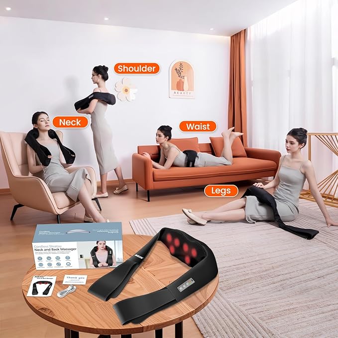 AMZPONY® Cordless Neck Massager for Pain Relief Deep Tissue, Rechargeable Shiatsu Neck and Back Massager with Heat Kneading Shoulder Massage for Body Muscle Pain Relief,Gifts for Dad Mom Friends