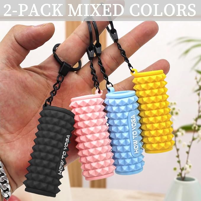 Tizee Mini Yoga Foam Roller Keychain - Spiky Fitness Accessory, with Clasp, for Gym Office Use, 2-Pack Mixed Colors (Blue/Black)