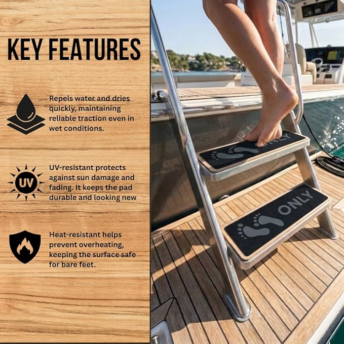 Naked Feet Only Step Pads Non-Slip EVA Foam Step Pad for Boat Gunwales & Ladders, 6mm Brushed Marine Grade Anti-Skid Adhesive Pads (Pair) SeaDek Technology - Black/Bimini Blue