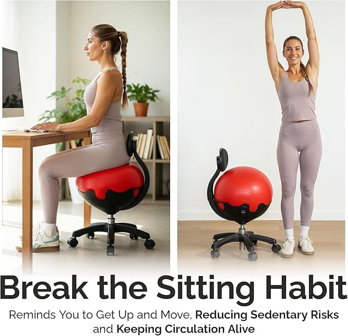 Aeromat Elite Yoga Ball Chair for Office & Home 250lbs Cap – Ergonomic Balance Ball Desk Chair w/Lockable Wheels,Adjustable Height, Anti-Burst Removable Ball, Back Support for Posture & Core Relief