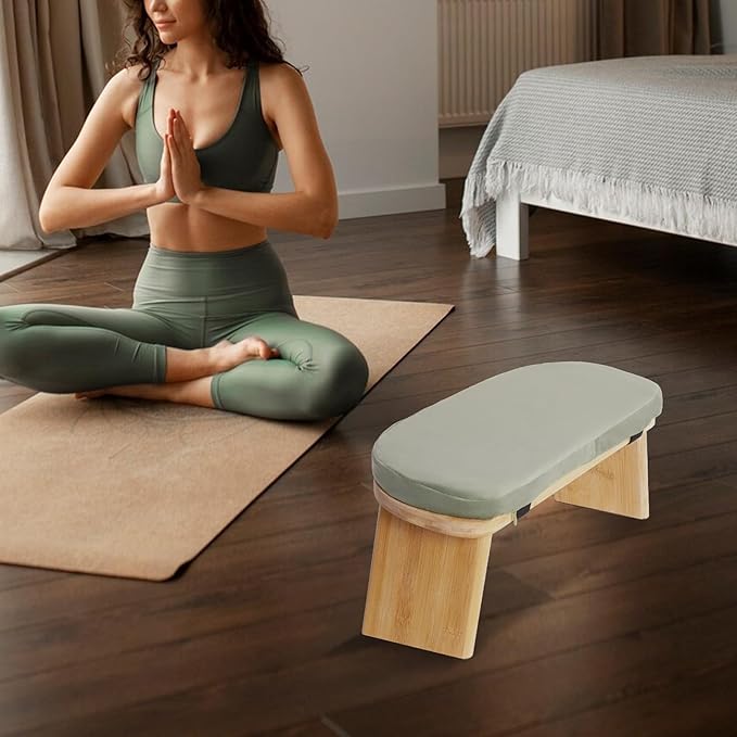 Meditation Bench, Folding Yoga Kneeling Stool, Portable Bamboo Prayer Cushion, Japanese Floor Chair (Green)