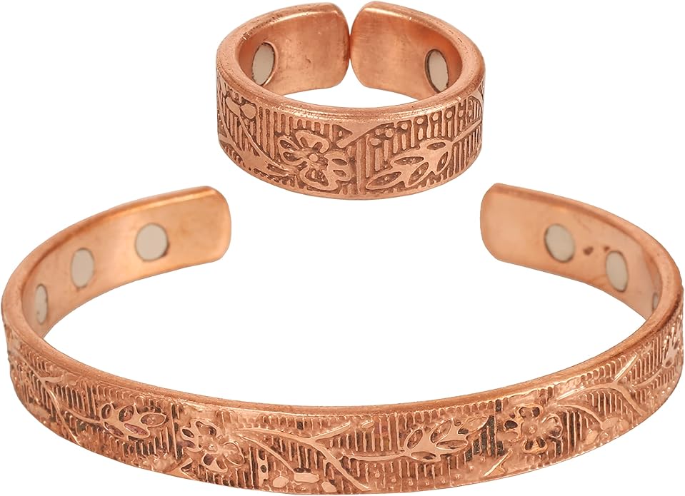 Handcrafted Copper Magnetic Hand Forged with Solid and High Gauge Tibetan Style Minimalistic Elegance Copper Bracelet and Matching Ring.