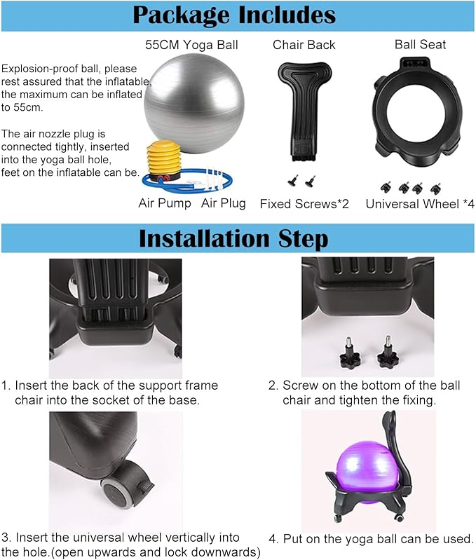 Ergonomic Office Yoga Ball Chairs, Active Sitting Exercise Ball Chair for Adults Desk Improves Back Pain, Balance Ball Chairs with Lockable Wheels and Foot Pump(Purple)