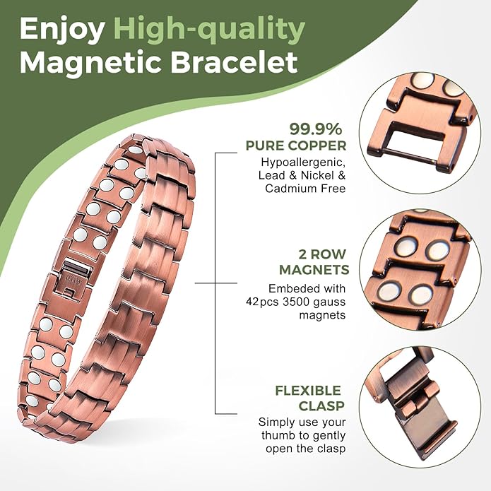 MagEnergy Mens Copper Magnetic Bracelets, 99.9% Pure Copper Bracelet with Double-Row Strength Magnets, Adjustable Jewelry with Sizing Tool