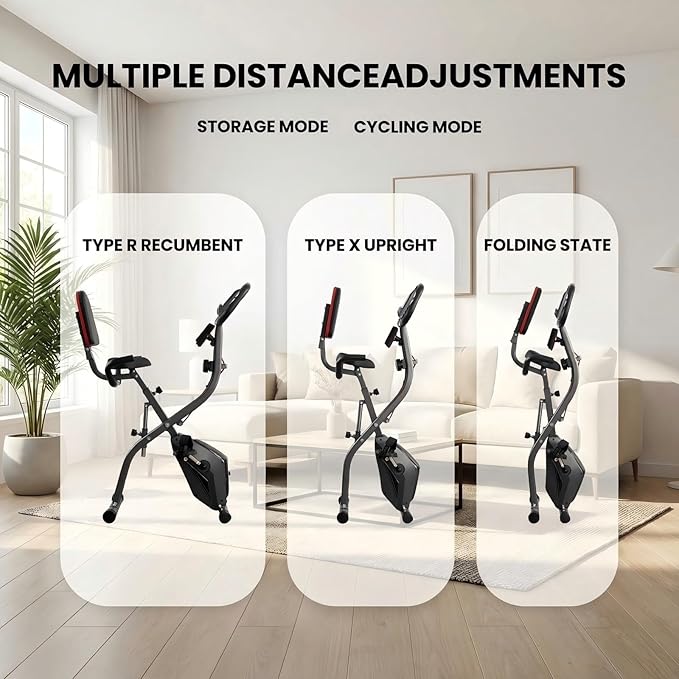 Exercise Bike, 4 IN 1 Stationary Bike, Foldable Folding Exercise Bike with 16-Level Magentic Resistance, Support Back Pad and Phone/Tablet Holder, Arm Resistance Band, Pulse Sensor, LCD Monitor for Home Workout 265LB Capacity