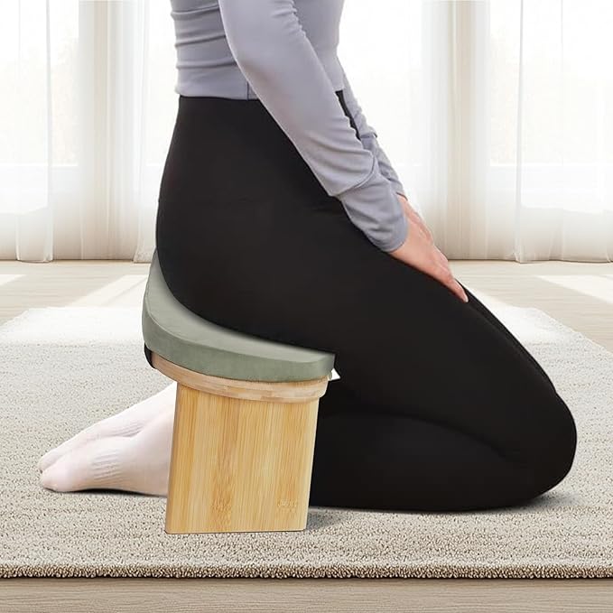 Foldable Meditation Bench with Cushion,Bamboo Meditation Stool,Portable Kneeling Stool,Prayer Bench,Green,Wood Color