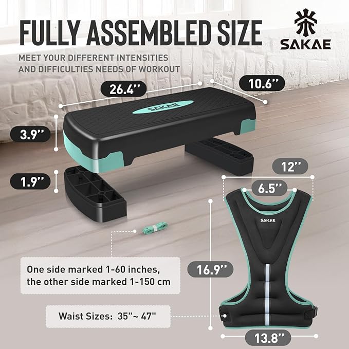 SAKAE Aerobics Step Platform Set with Weighted Vest & Measuring Tape, Adjustable Height 2 Level Risers Workout Step Trainer with Non-Slip Surface, Step Platform for Home Exercise, Multiple Colors