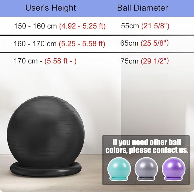 CMYUN Yoga Ball Chair Stability Ball Chair with Bands & Base, Sturdy Desk Ball Chair for Spine Alignment, Exercise Ball Seat for Yoga/Workout/Fitness/Pilates (Size : Diameter 65cm (25 5/8"))