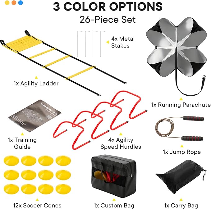 NEWBULIG Agility Ladder Speed Training Equipment, Football Practice Set with 20ft Ladder, 12 Cones, 4 Adjustable Hurdles, Jump Rope, Resistance Parachute for Soccer, Basketball, Youth, Adults
