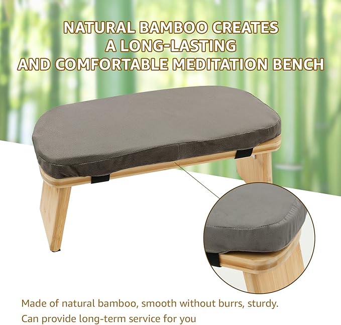 Folding Meditation Bench, Bamboo Kneeling Stool with Cushion, Portable Meditation Chair, Yoga Stool, Yoga Bench, Zen Practice, Comfortable Kneeling Chair, 16.9x7.5x7.1in (Grey)