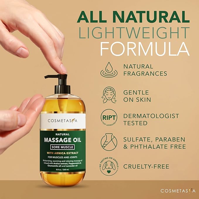 Cosmetasa Sore Muscle Massage Oil for Massage Therapy – Arnica, Chamomile & Lavender Oil for Muscle & Joint Ease – Non-Greasy Formula with Heated Basalt Stones – Relaxation & Recovery – 8.8 Oz