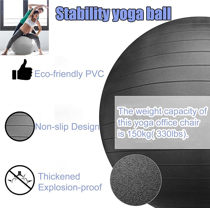Yoga Ball Chair Office Ball Chair with Base & Pump, Stability Yoga Ball Seat for Back Pain Relief, Home Gym Exercise Ball Chair for Core Strength Training ( Color : Black , Size : Diameter 75cm ( 29 1