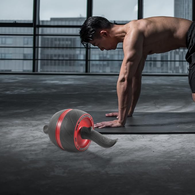 Healifty Ab Roller Wheel with Auto Rebound, Abdominal Trainer Wheel for Core Workout, Home Fitness Exercise Roller for Men and Women, Includes Extra Mat, Grey and Red Random