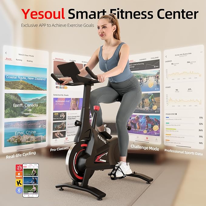 YESOUL Self-Powered Exercise Bike with Exclusive Smart App & Dynamic LED Lights – Silent Magnetic Resistance, Dual-Stage Drive, Stable 300 lbs Frame, Indoor Cycling Bike for Home