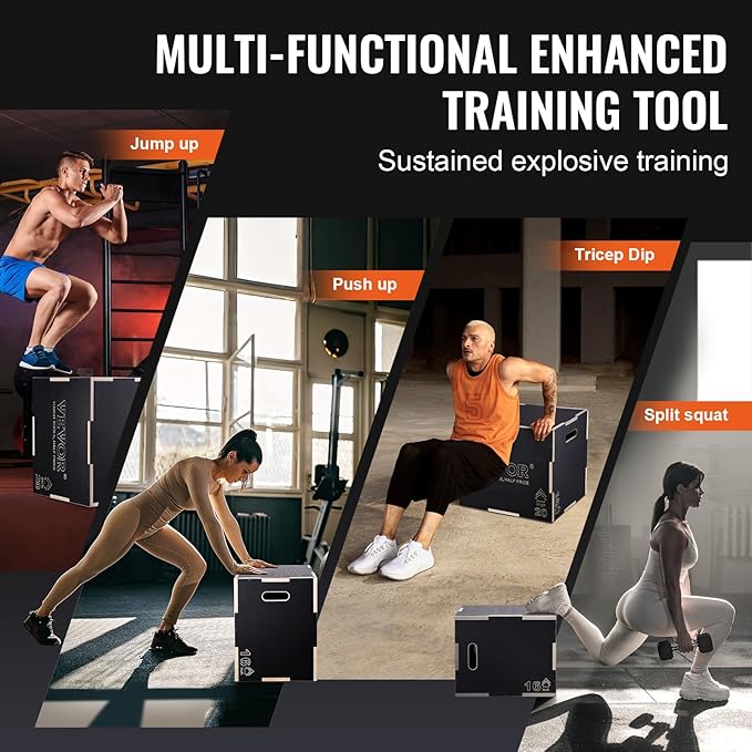 VEVOR 3 in 1 Plyometric Jump Box, Easy-to-Assemble Wood Plyo Box for Jumping Trainers, Home Gym Training and Conditioning