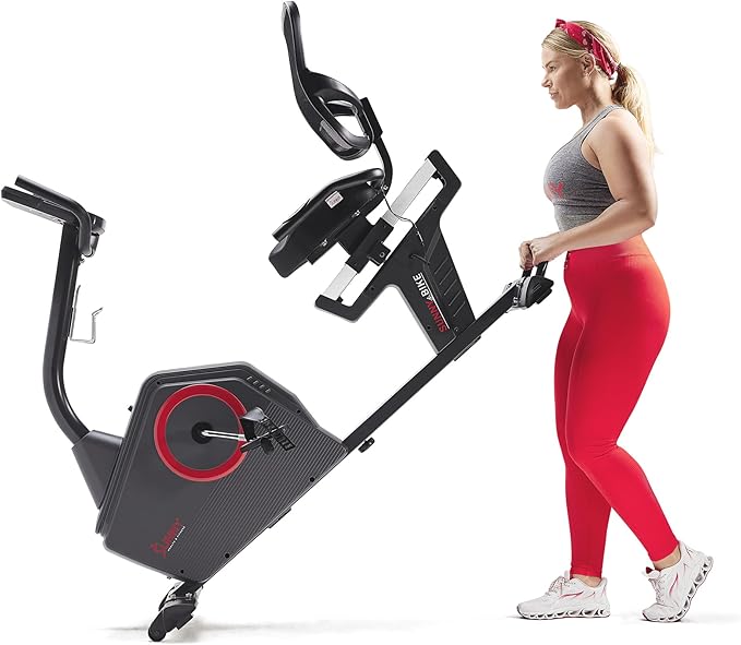 Sunny Health & Fitness Smart Recumbent Bike with Pulse Sensors, Home Cycling Workout Machine w/Cushion Seat & Mesh-Backrest, Free SunnyFit App Connection, Optional Programmable & Electro-Magnetic