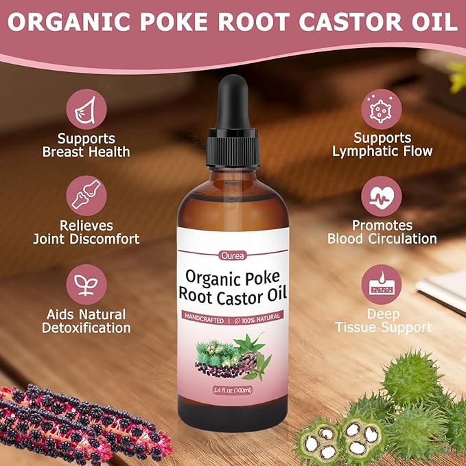 Poke Root Castor Oil Organic - 3.4 Fl Oz - Lymphatic Support Massage Liquid, Supports Boils, Fibroids, Cysts, Swollen Lymph Nodes, Breast & Joint Health, Natural Deep Tissue Relief Drops