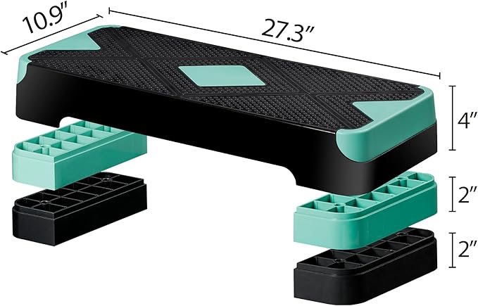 26.5 Inch Aerobic Exercise Step Platform for Home Gym, 4” 6” 8”Adjustable Risers for Step up Fitness Workout, Stepper Step Trainer, Green