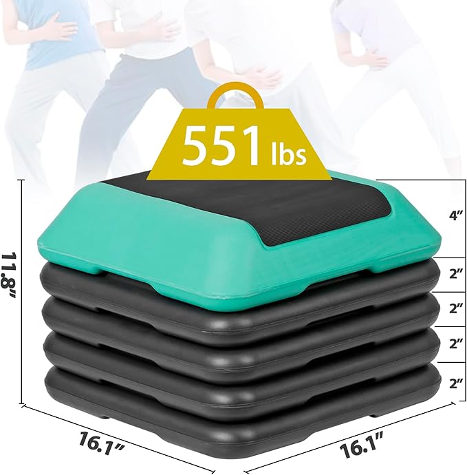 16 Inch Adjustable Aerobic Stepper Platform with 4 Risers - High Exercise Step Workout Bench for Home Gym Fitness Training, 4"-12'' Height Options
