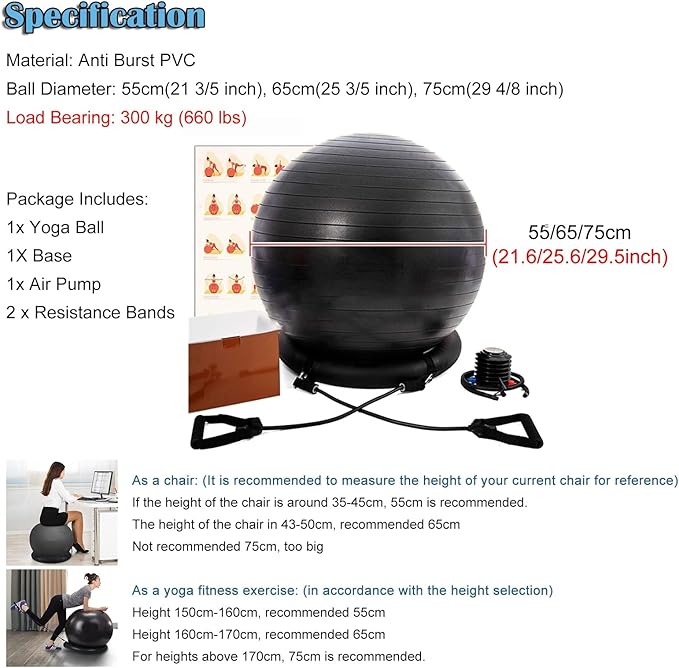 Yoga Ball Chair - Relieve Back Pain, PVC Anti-Burst Exercise Ball Chair for Home Office Desk Workout with Base & Resistance Bands, Backless Bouncy Ball Chair, Inflatable(Diameter 55cm(21 3/5 inch))