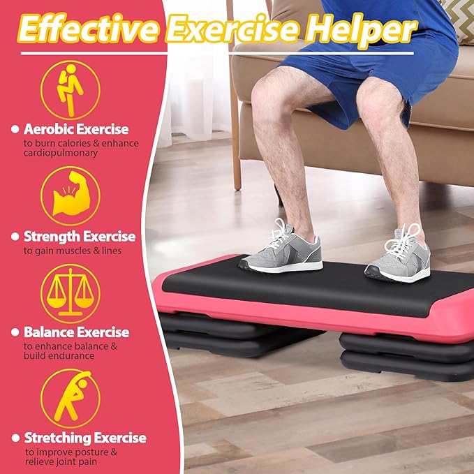 JupiterForce 43" Workout Aerobic Exercise Step Platform, Adjustable Aerobic Steppers for Exercise with 4 Removable Risers for Home Gym Strength Training