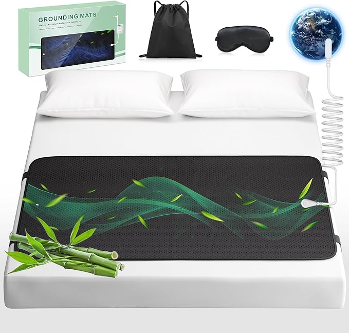 Grounding Mat for Bed with Leather, Improve Sleep, Relieve Stress & Pain, Anti-Slip & Eco-Friendly PU Leather, Includes Grounding Cord & Sleep Mask for Enhanced Rest Magnetic Therapy Queen Black