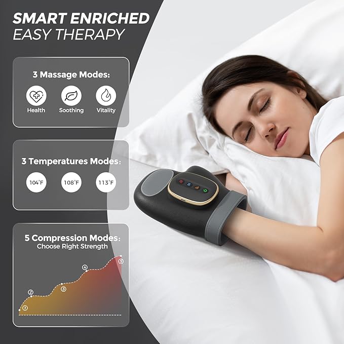 WUX Hand Massager with Heat Compression Relief, 3 Massage 4 Temperatures 5 Compression Models Therapy Glove, Arthritis & Wrist Carpal Tunnel Muscles Pressure Point Therapy, Ideal Gifts for Women/Men