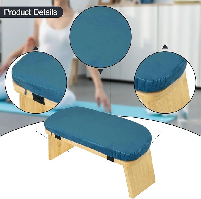 HouseVibe Meditation Bench Kneeling Stool Ergonomic Wood with Soft Cushion, Foldable, Portable Prayer Bench, Meditation Stool- Blue