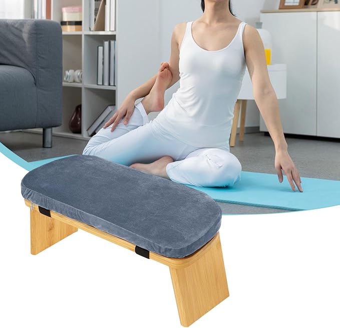 Meditation Bench Prayer Bench with Soft Cushion Wooden Comfortable Portable Folding Kneeling Stool Prayer Stool, Gray Blue