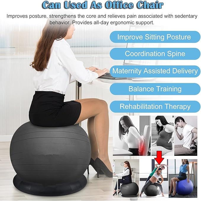 Backless Balance Ball Chair Exercise Stability, 21 25 29 Inch Pregnancy Labor Medicine Ball Chair for Home Gym Office, Gray Exercise Ball Kit with Base & Bands(Diameter 75cm(29 4/8 inch))