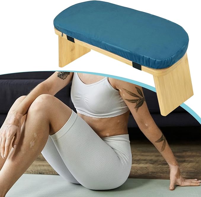 Meditation Bench Kneeling Stool Ergonomic Wood with Soft Cushion, Foldable Portable Prayer Bench, Meditation Stool 16.93x7.48x7.09inch- Blue