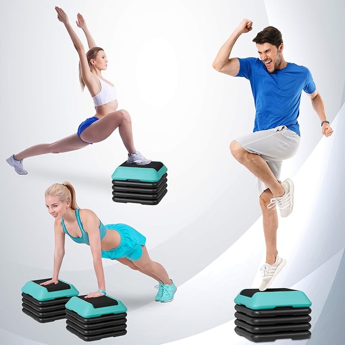 16"x16" Height Adjustable Step Aerobic Platform with 4 Risers, Exercise Workout Stepper for Home Training, Gym Fitness, 4''- 6'' - 8''-10''-12''