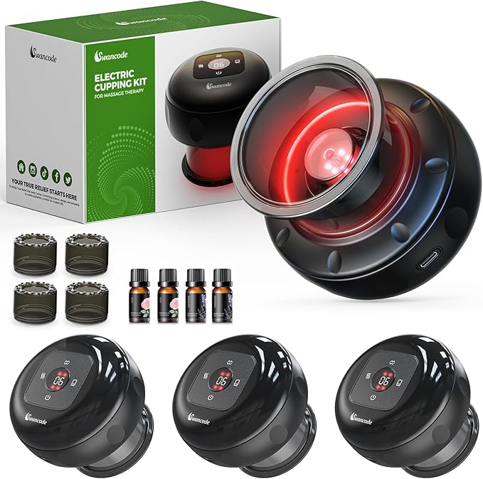 4 Pack 5-in-1 Smart Dynamic Cupping Set, Electric Cupping Device with Red Light, Heated Cupping Massager with 12-Level Suction & Heat, Cupping Machine for Pain Relief, Muscle Soreness, Knots, Aches