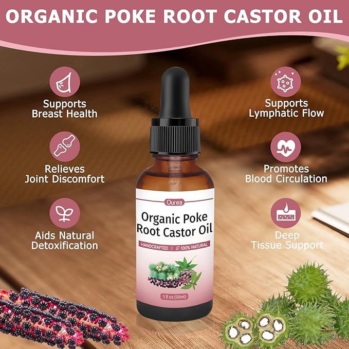 Poke Root Castor Oil Organic - 1 Fl Oz - Lymphatic Support Massage Liquid, Supports Boils, Fibroids, Cysts, Swollen Lymph Nodes, Breast & Joint Health, Natural Deep Tissue Relief Drops