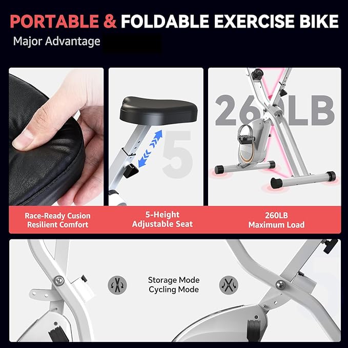 Foldable Exercise Bike Stationary Bikes for Home, 5 IN 1 Indoor Workout Bike, Cycling Bike with 16-Level Quiet Magnetic Resistance, 6.6 LBS Flywheel and 300LBS Capacity for Senior and Home Workout