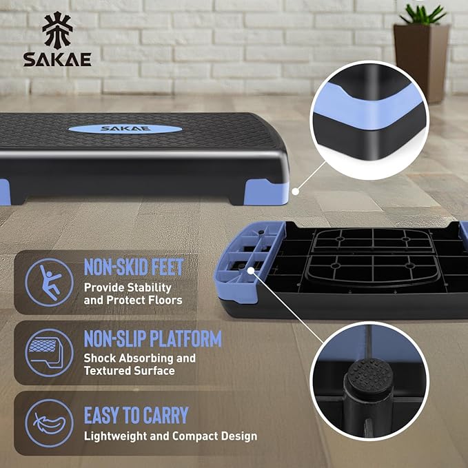 SAKAE Step Aerobics Platform Set with Kettlebell & Measuring Tape, Aerobic Steppers for Exercise at Home, Adjustable Height 2 Level Risers Workout Step Trainer with Non-Slip Surface, Multiple Colors