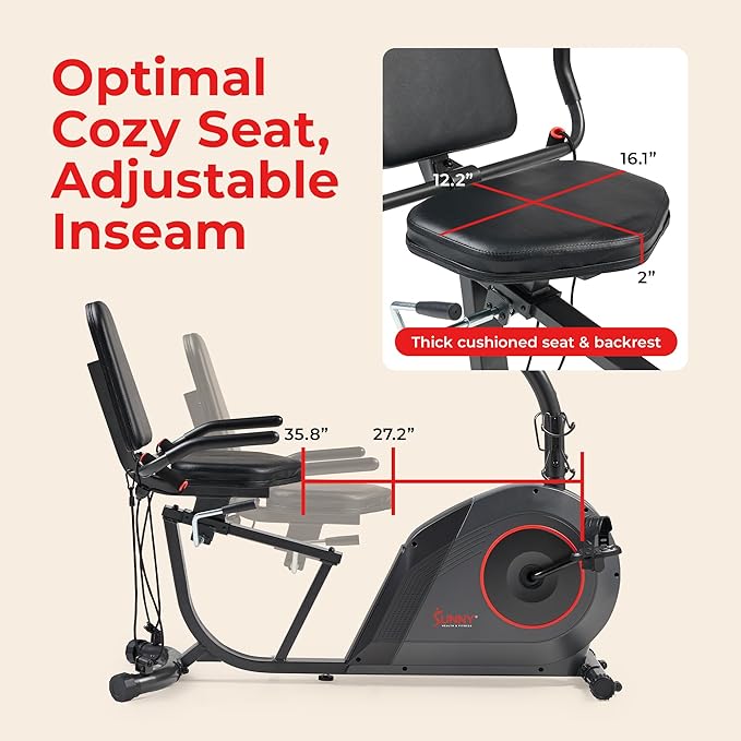 Sunny Health & Fitness Smart Heavy-Duty Recumbent Bike w/Wide Cushioned Seat & Back, Indoor Cycling Machine for Adult/Seniors Home Exercise, Free SunnyFit App Connect, Optional Workout Training Bands