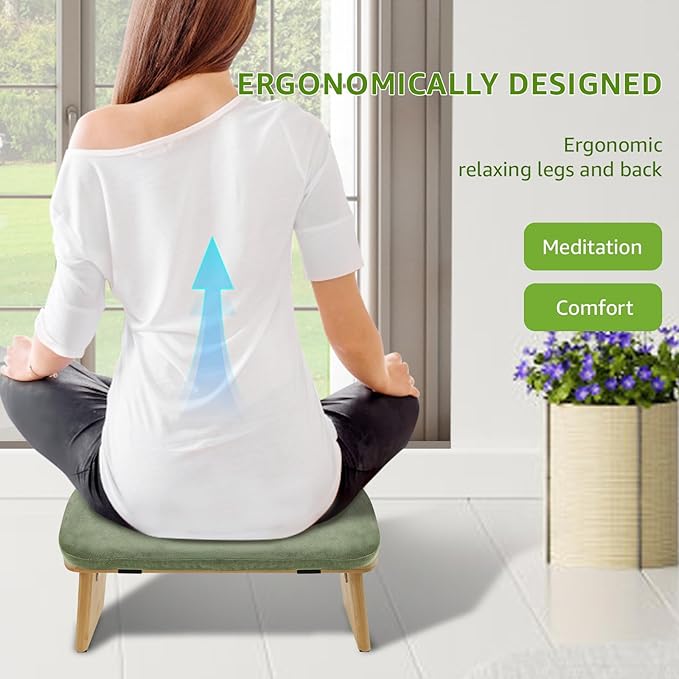 Folding Meditation Bench, Bamboo Kneeling Stool with Cushion, Portable Meditation Chair, Yoga Stool, Yoga Bench, Zen Practice, Comfortable Kneeling Chair, 16.9x7.5x7.1in (Green)