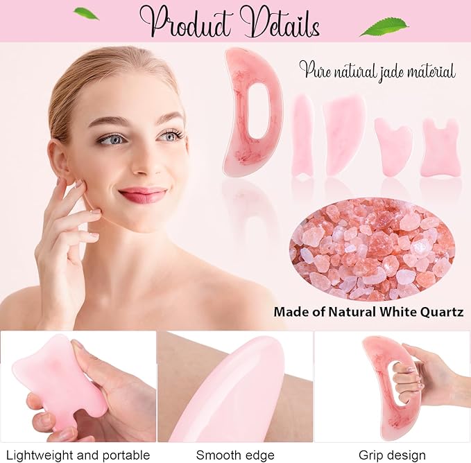Treela 5 Pcs Gua Sha Facial Tools Set and 1 Pcs Body Gua Sha Massage Tool with Handle for Face Back Neck Leg Body Scraping Massage Board Guasha Comb(Jade, Resin,Pink)