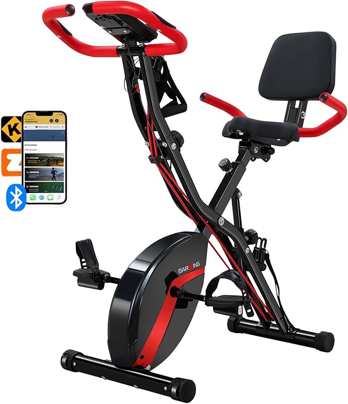BARWING Stationary Exercise Bike for Home Workout, 5 IN 1 Foldable Indoor Cycling Bike for Seniors, 350LB Capacity, 16-Level Magnetic Resistance, Seat Backrest Adjustments