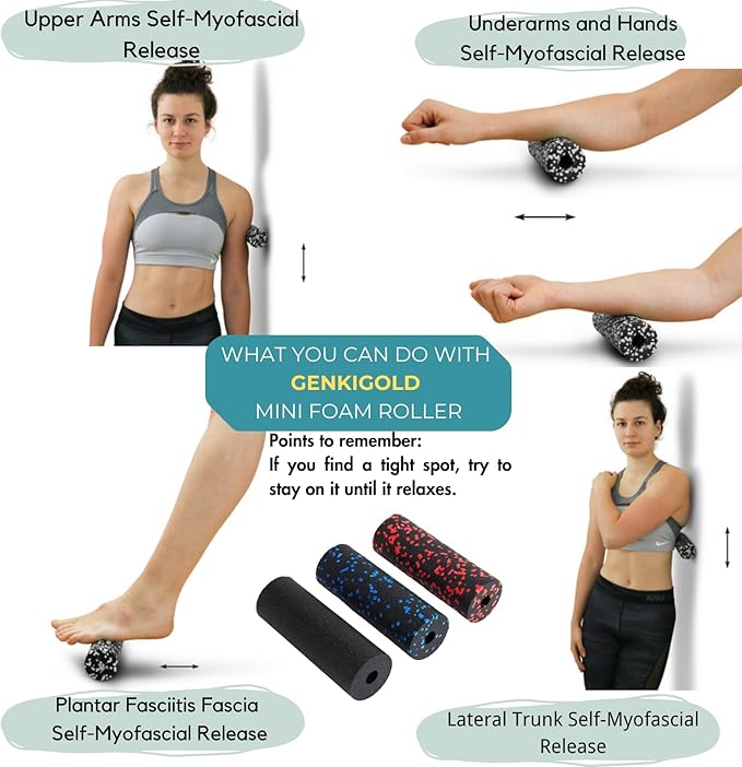 Mini Massage Foam Roller High Density - 100% Recycled Non-Toxic Material - Portable Pocket-Sized for Travel - Foot Arch,Legs & Arms Pain Target - Waterproof and Durable 15x6cm(Blue)