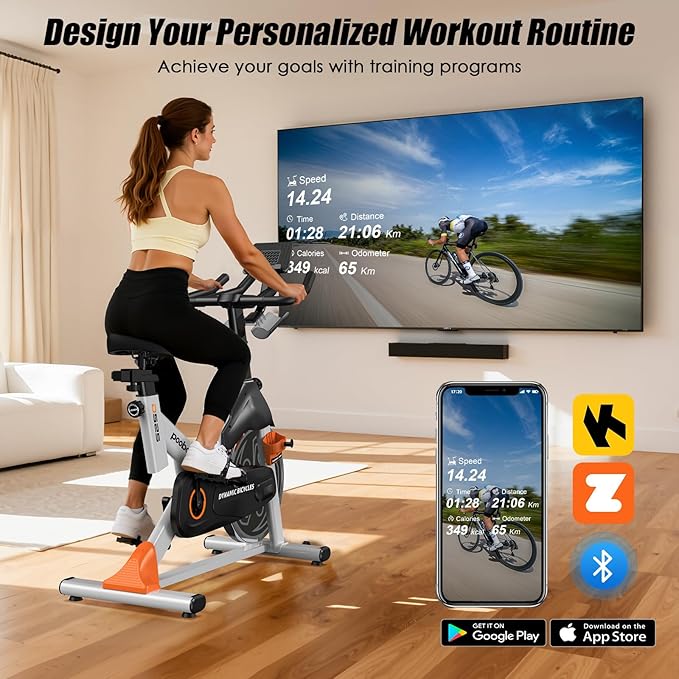 pooboo Exercise Bike, Adjustable Magnetic Resistance Stationary Bikes for Home with App Compatible, 350LB Weight Capacity Indoor Cycling Bike with Large Seat, Dumbbell Rack, Pull Cords & LCD Display,Low Noise Indoor Spin Bike for Home Gym