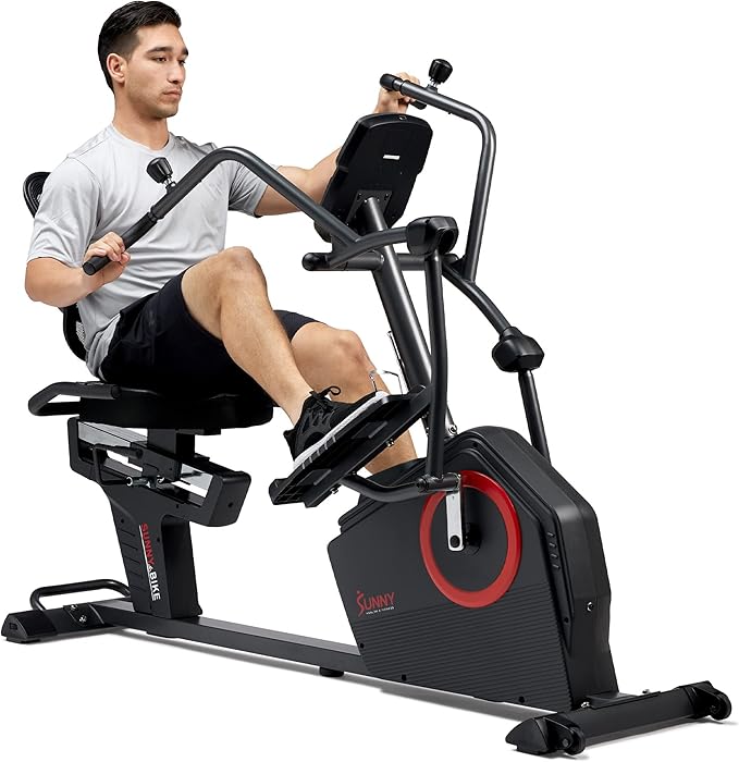 Sunny Health & Fitness Elite Recumbent Cross Trainer & Elliptical Machine with Arm Exercisers for Home Arm/Leg Training, Easy Adjust Seat & Mesh Backrest, Free SunnyFit App Bluetooth Connectivity