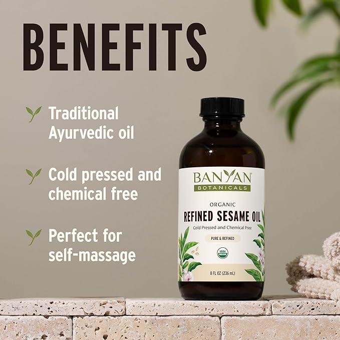 Banyan Botanicals Organic Refined Sesame Oil – Premium Ayurvedic Massage Oil for Body & Skin – Light & Mild Scented Warming Oil for Abhyanga Self-Massage – 16 oz – USDA Organic