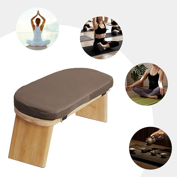 Bamboo Meditation Bench,Portable Bamboo Meditation Stool with Meditation Cushion, Foldable & 5°Ergonomic Tilt Kneeling Meditation Yoga Stool-396.83lbs Max. Load Capacity (Brown)