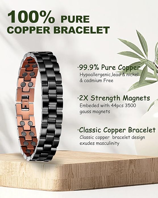 MagEnergy Mens Copper Magnetic Bracelets, 99.9% Pure Copper Bracelet with Double-Row Strength Magnets, Adjustable Jewelry with Sizing Tool