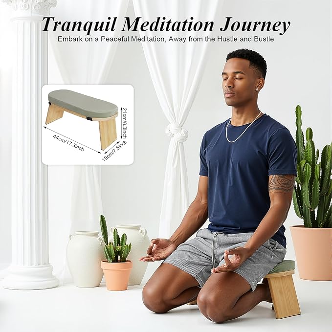 DYNAMI Bamboo Meditation Bench with Sponge Cushion, Portable Foldable Ergonomic Meditation Stool,Wooden Kneeling Stool for Yoga Sitting Prayer,Load Capacity 396lbs (Green)