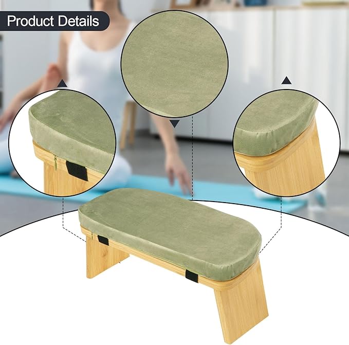 Meditation Bench Kneeling Stool Ergonomic Wood with Soft Cushion, Foldable Portable Prayer Bench, Meditation Stool 16.93x7.48x7.09inch- Green
